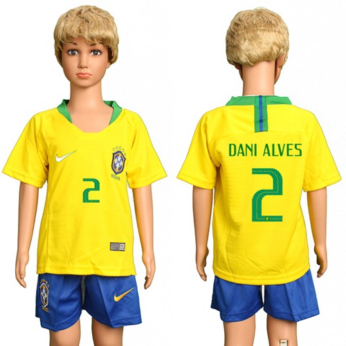 Brazil #2 Dani Alves Home Kid Soccer Country Jersey